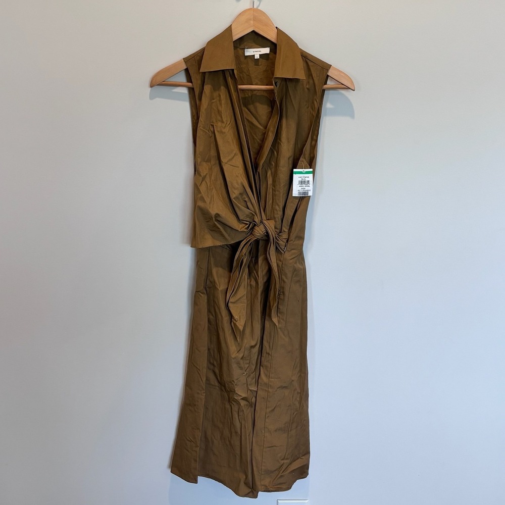 Vince Dress Womens 0 Sleeveless Tie Front Collared Midi Casual Made in Japan